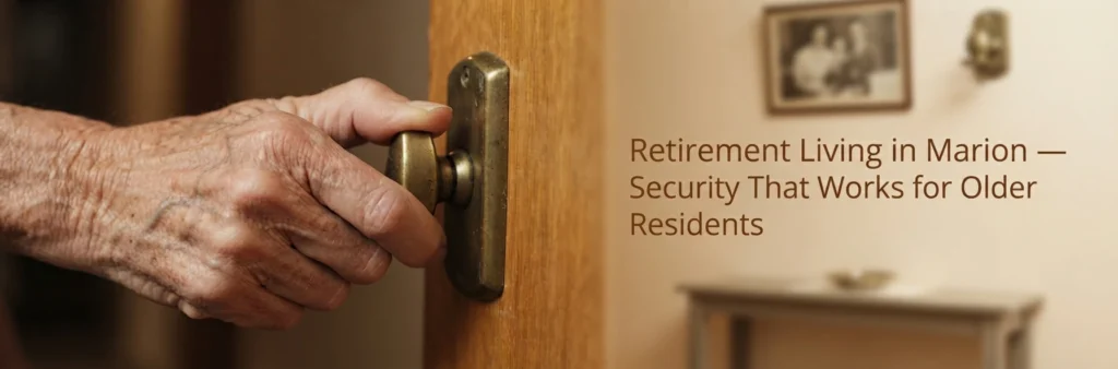 Older resident holding a front door lock in a Marion retirement home, highlighting secure home access and locksmith security for seniors.