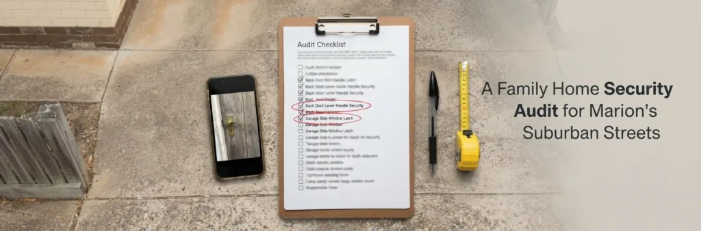 Home security audit checklist with smartphone, measuring tape, and inspection tools for a family home in Marion's suburban neighbourhood.